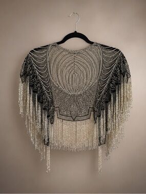 Vintage Handmade Beaded Fringe Shawl Cape Art Deco Never Used w/Spare Beads